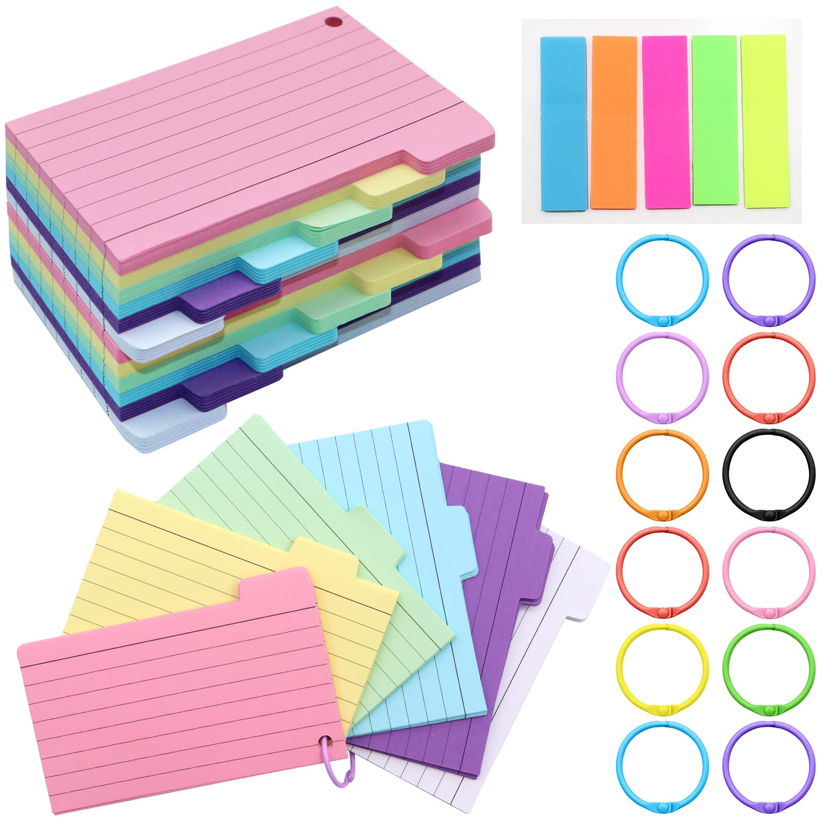 VEGCOO Tabbed Index Cards, 300 Pcs Colourful Flash Cards with 100 Pcs Index Tabs and 12 Pcs Binder Rings, Ruled Revision Cards Cue Cards for Learning to Do List Notebook