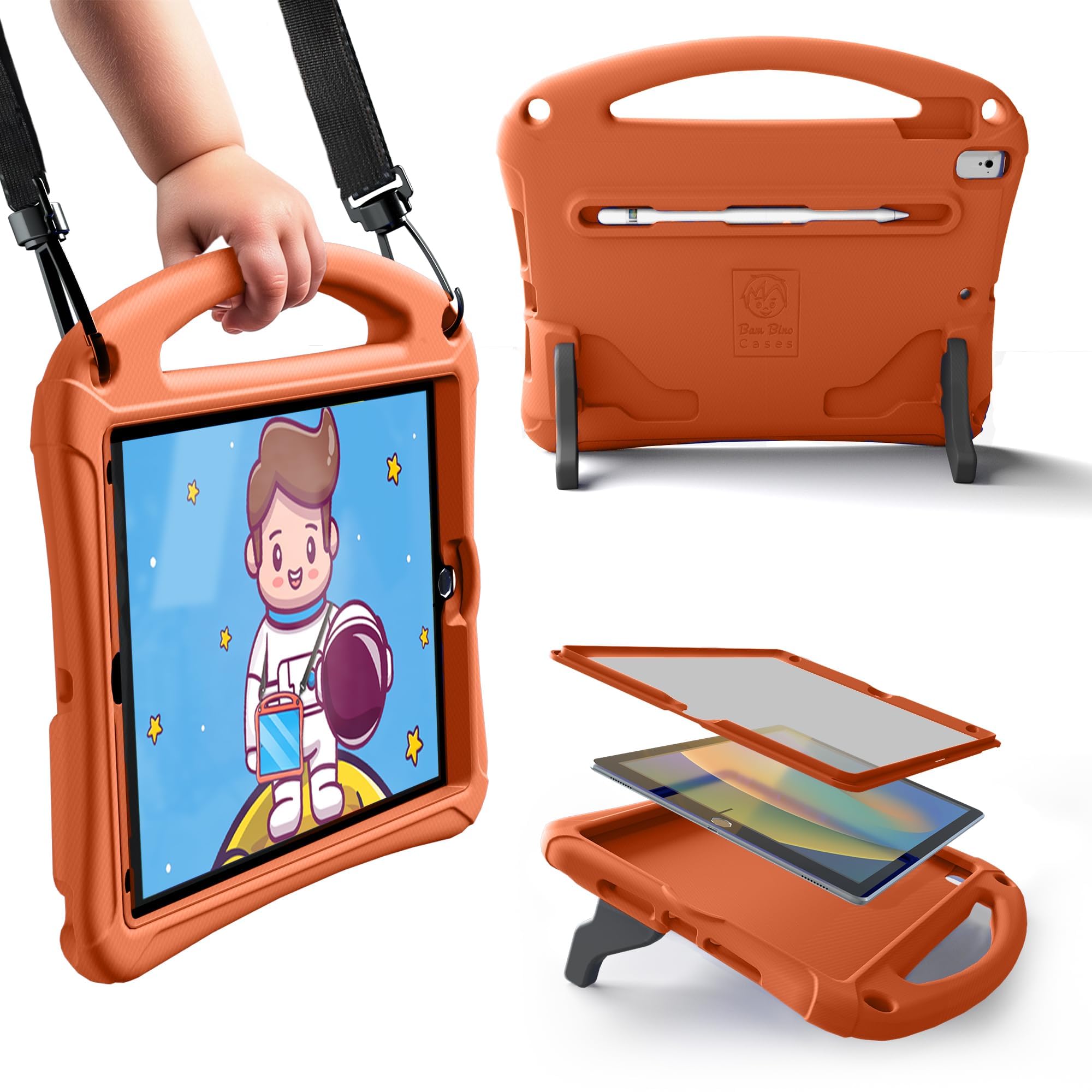Bam Bino Space Suit Kids Case for iPad Pro 12.9" 3rd/4th/5th/6th Generation (2018-2022) Models [Not for iPad Pro 12.9 1st/2nd Gen] Screen Guard, Handle, Shoulder Strap, Pencil Holder (Solar Tangerine)