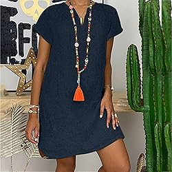 Women's Summer Cotton Linen Dress Loose V-Neck
