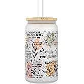 Daily Affirmation Iced Coffee Cup [Frosted], 16 oz Glass Cups with Bamboo Lids and Straws |Mason Jar Drinking & Glass Tumbler with Straw and Lid | Boba Cup, Beer Can for Mental Health