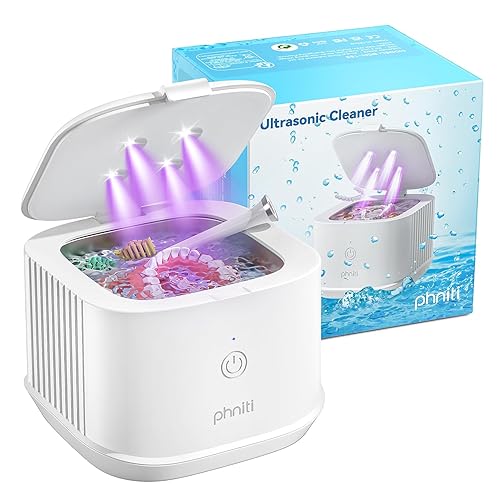 Ultrasonic Retainer Cleaner, Phniti 48kHz Professional Ultrasonic Jewellery Cleaner for Retainers, Jewellery, Dentures, Mouth Guard, Aligner, Toothbrush Heads, 13OZ Portable Dental Cleaning-White