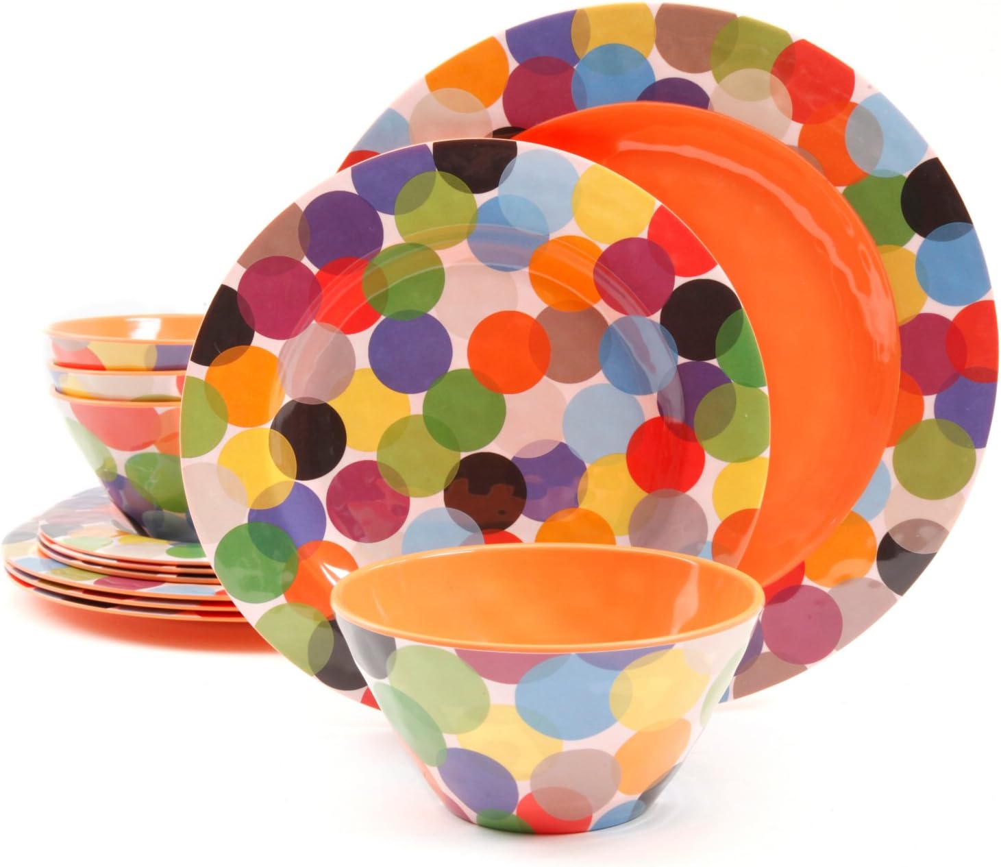 Studio California Party Circles 12 Piece Melamine Dinnerware Set, Orange
