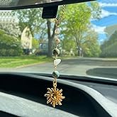 Sun Hanging Car Charm,Green and Gold Rear View Mirror Accessories Cute Boho Dangling Sun Car Decor Handmade Healing Crystals Stones Ornament Gifts for Women Men (Green)