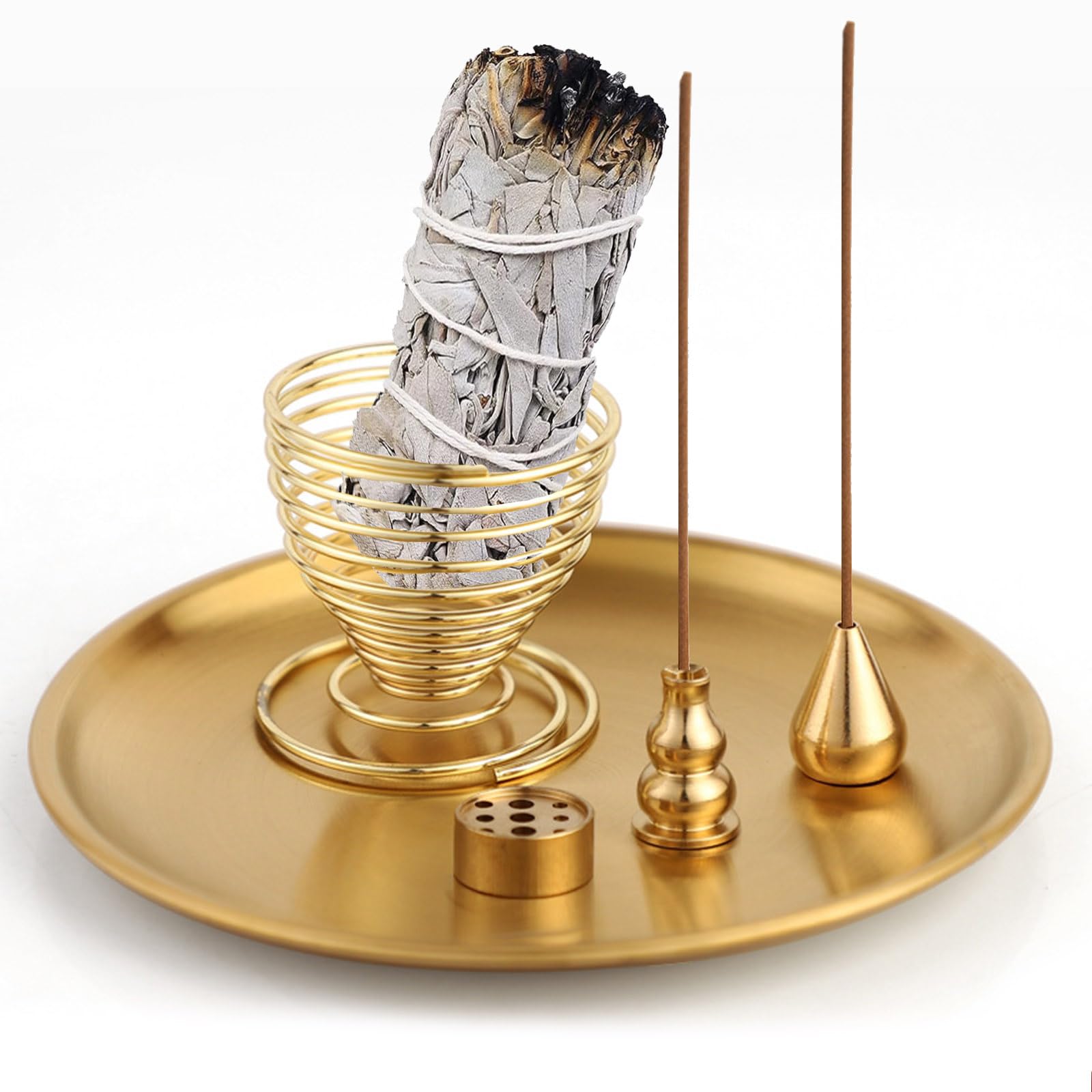 5-in-1 Brass Incense Burner - 9-Hole Holder for Sticks, Cones, Coils - Home, Yoga, Meditation Accessories