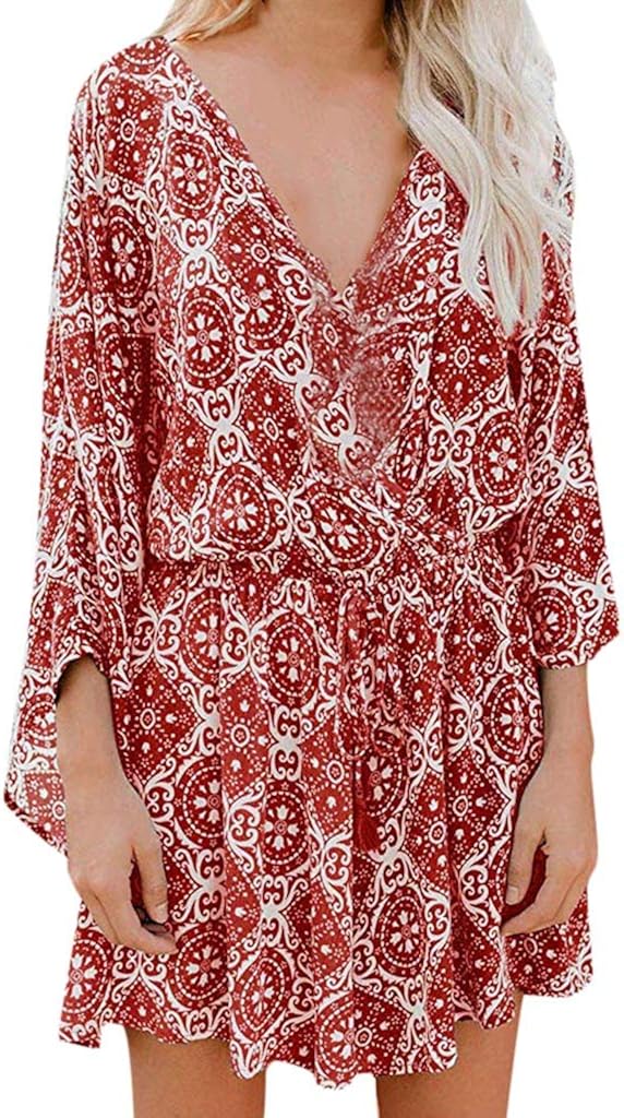 STORTO Womens Summer Jumpsuit Ladies Causal Long Sleeve V Neck Boho Rompers Playsuit Holiday Mini Jumpsuit Bodysuits: Clothing