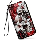 GFRGTFHYT Womens Wallet, Large Capacity RFID Blocking PU Leather Wristlet Wallets for Women Ladies Men Credit Card Holder Zipper Wallet Phone Holder Clutch Travel Purse, Art Skull Flower