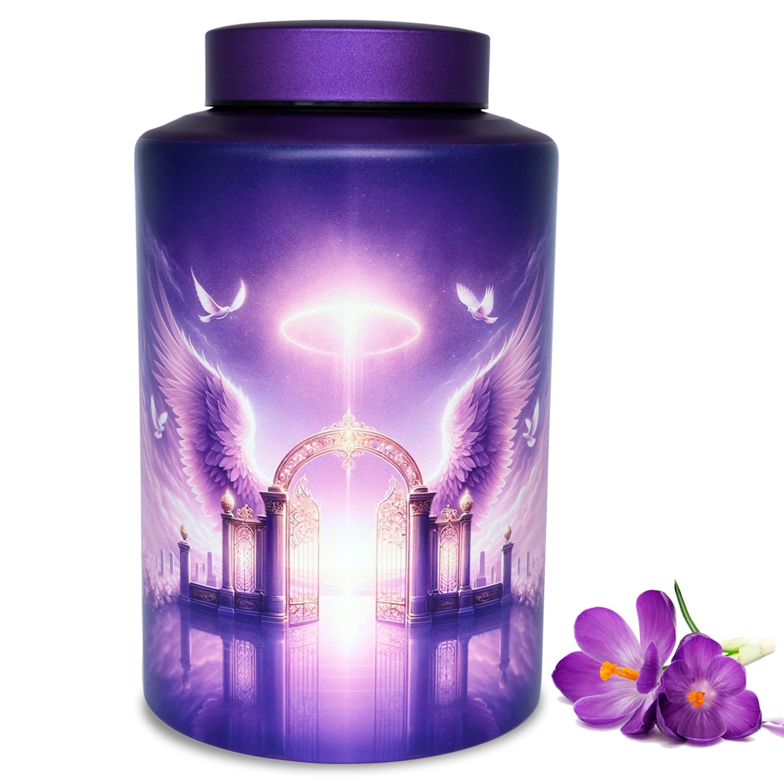 Photo 1 of Mianachilu Large Cremation Urn for Adult Female Male Ashes, Decorative Funeral Purple Keepsake Urns for Human Women Man Dad Mom Remains with Velvet Bag(Gate of Heaven)