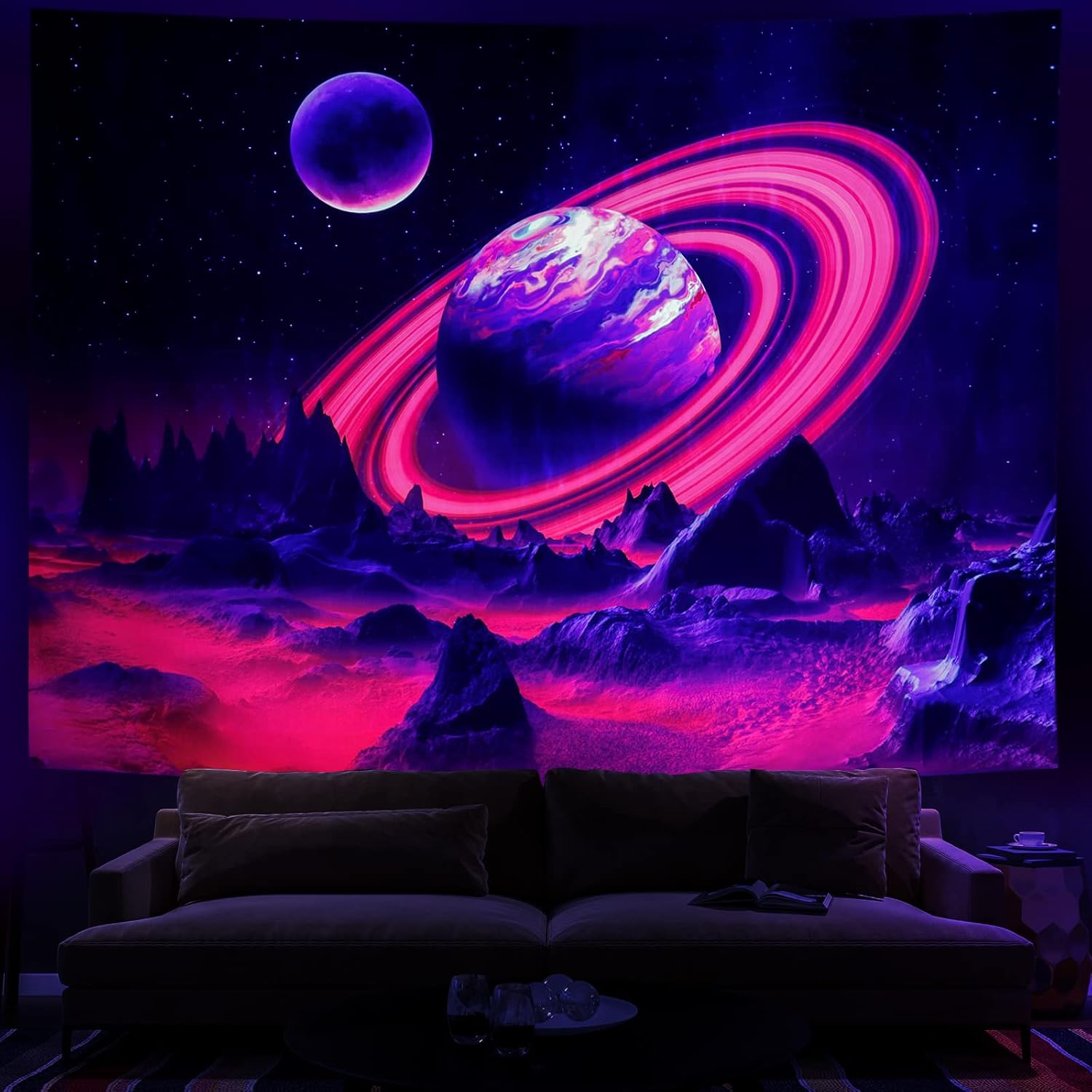 Tapestries - Leofanger Blacklight Trippy Planet Tapestry UV Reactive Mountain Wall Tapestry Galaxy Space Tapestry Starry Night Sky Tapestry Wall Hanging for Home Decor(51.2