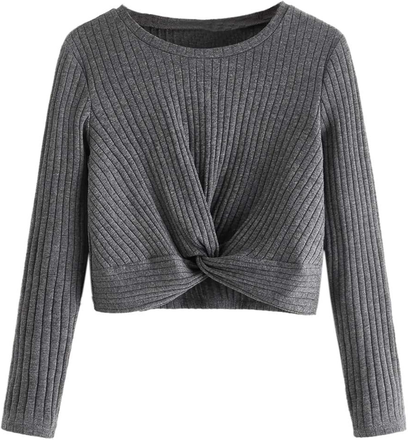 Romwe Girl's Cute Rib Knit Long Sleeve Twist Front Crew Neck Slim Fit Crop Tee Top Blouse: Clothing