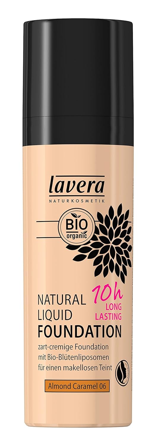 Lavera, Liquid Foundation Makeup, With Organic Argan Oil, Jojoba, Vitamins A, C and E,10 Hours Long-Lasting Coverage, For Dark Skin Tone (Almond Caramel) 1 fl. oz.