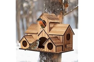 GLOPHOK Bird Houses for Outside, 5-Hole Wooden Birdhouse for Bluebirds Finch Swallow Wren Chickadee Hummingbird, Hanging Bird House for Outdoor Clearance Garden Courtyard
