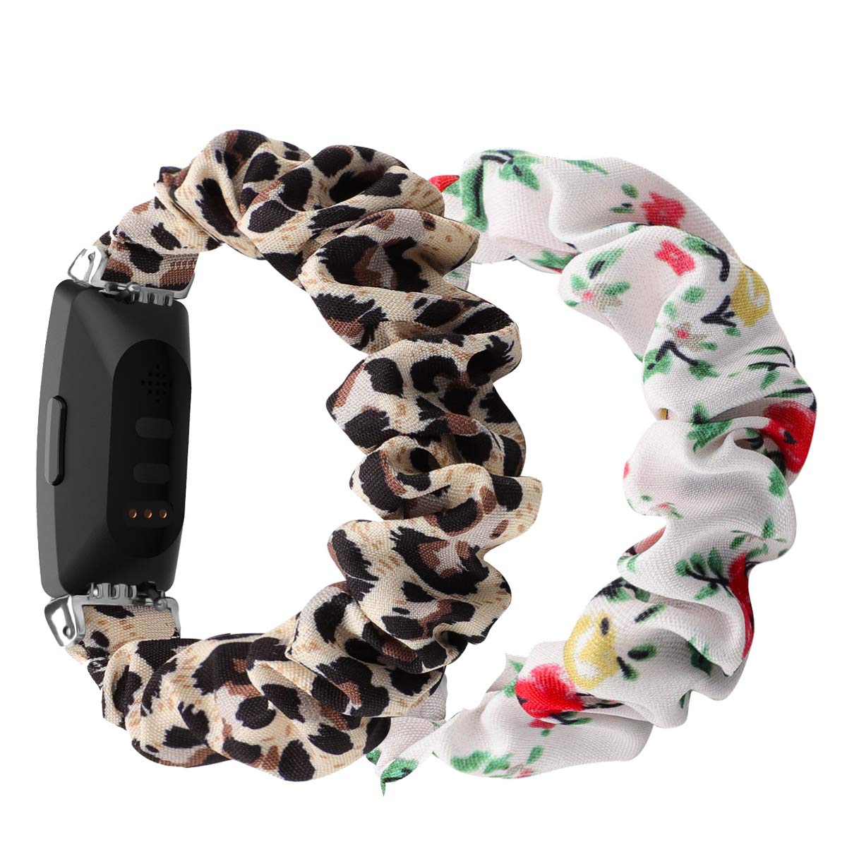 Chofit (2-Pack Strap Compatible with Fitbit Inspire 2/Inspire HR/Inspire Straps, Replacement Scrunchies Band Chiffon Satin Wristband for Inspire 2 Fitness Tracker (Small, Leopard+Red Flower)