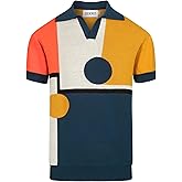 OXKNIT Men's Retro Knitted Poloshirt, 1960s Mod Vintage Contrasting Colors Polo V-Neck Cotton Short Sleeve