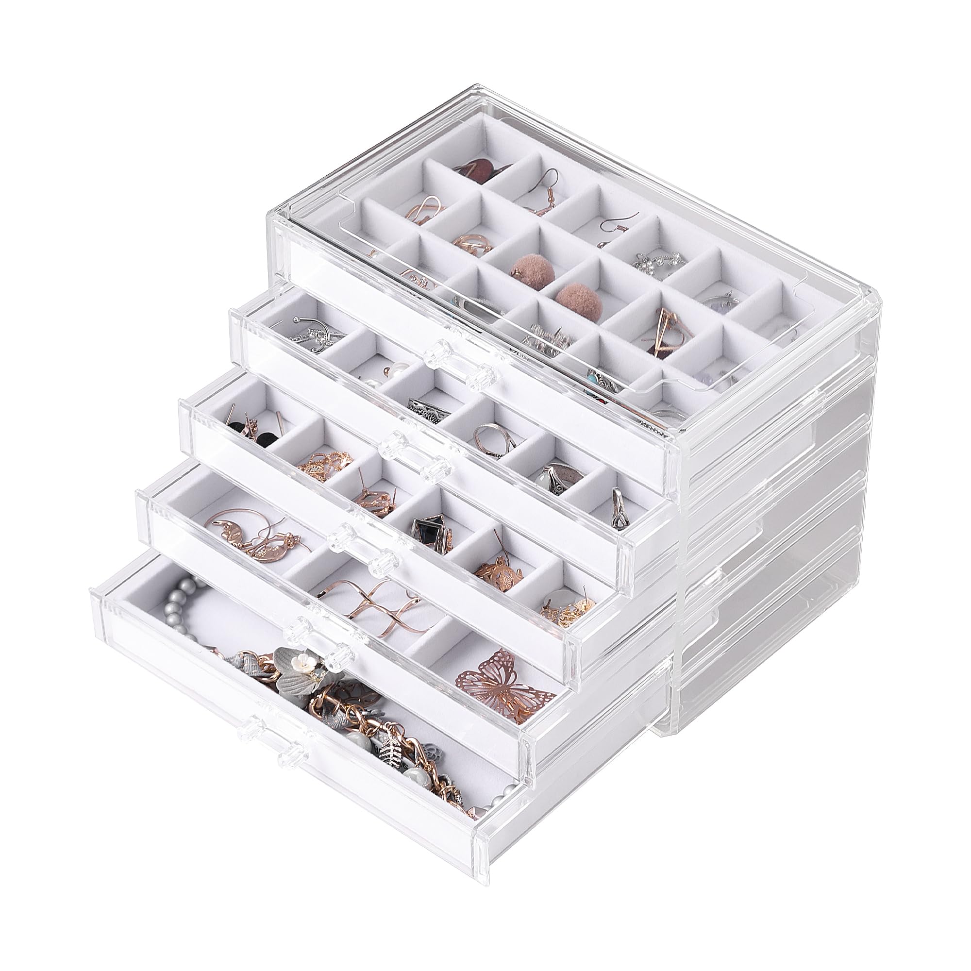 Photo 1 of Frebeauty Acrylic Jewelry Organizer Earring Organizer Box with 5 Drawers Earring Holder Organizer with Velvet Trays Clear Jewelry Box for Women Earring Display for Rings Studs(White)