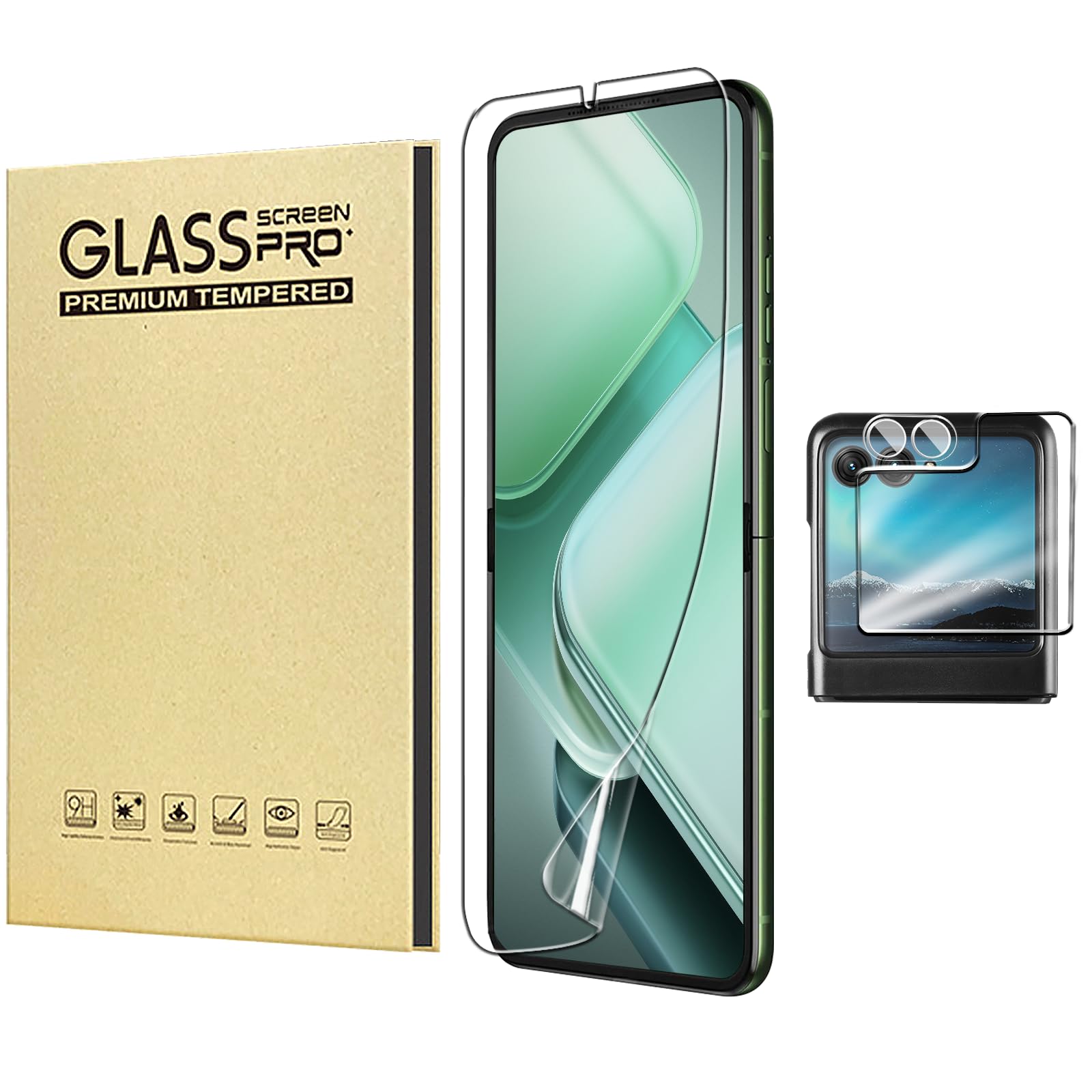 Fourmor Compatible for Motorola Razr 2024/ Razr 2025（Combination 3-piece set） High definition water coagulation film [inner screen]+External screen tempered film+Transparent lens film