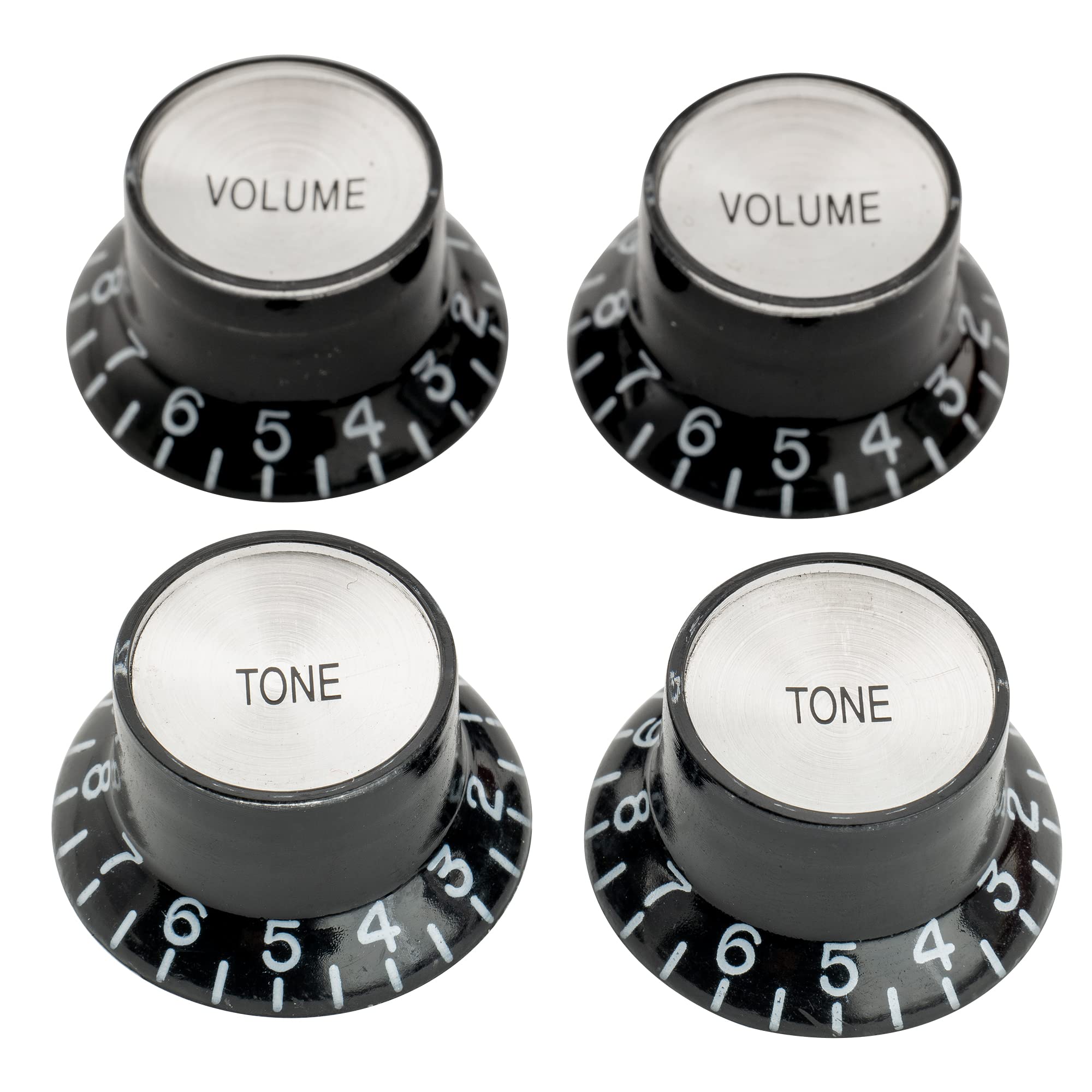 Musiclily Pro Left Handed Metric Size Guitar Top Hat Bell 2 Volume 2 Tone Reflector Knobs Set Compatible with Epiphone Les Paul SG Style, Black with Silver Top