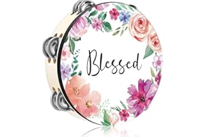 Fiada Tambourines for Adults 10 Inch Church Christian Flowers Dance Tambourine Blessed Double Row Jingle Bible Hand Bell Drum for Church Pray Party Percussion Musical Instrument Hand Bell Clap Drum