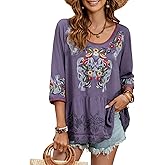 St.Lareina Women's Embroidered Tops 3/4 Sleeve Mexican Blouses Shirts Round Neck Dressy Tunics Peasant Tops Loose Fit