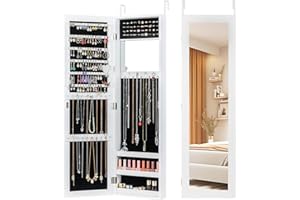 COSTWAY Full Length Mirror Jewelry Cabinet, Wall Door Mounted Jewelry Organizer with Makeup Mirror, Ring Slots and Necklace H