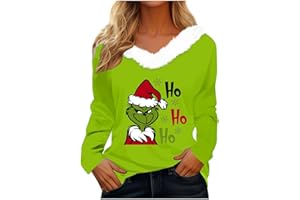 DPKLAD Ugly Christmas Sweater Women Faux Fur Trim V Neck Sweatshirts Graphic Xmas Long Sleeve Funny Holiday Pullover Tops