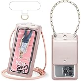 Cell Phone Purse Small Crossbody Phone Bag for Women Leather Mini Shoulder Wallet with Strap Lanyard Camera Window Card Slots Wrist Chain for All Smartphones iPhone 16 Pro Samsung up to 7.5" Rose Gold