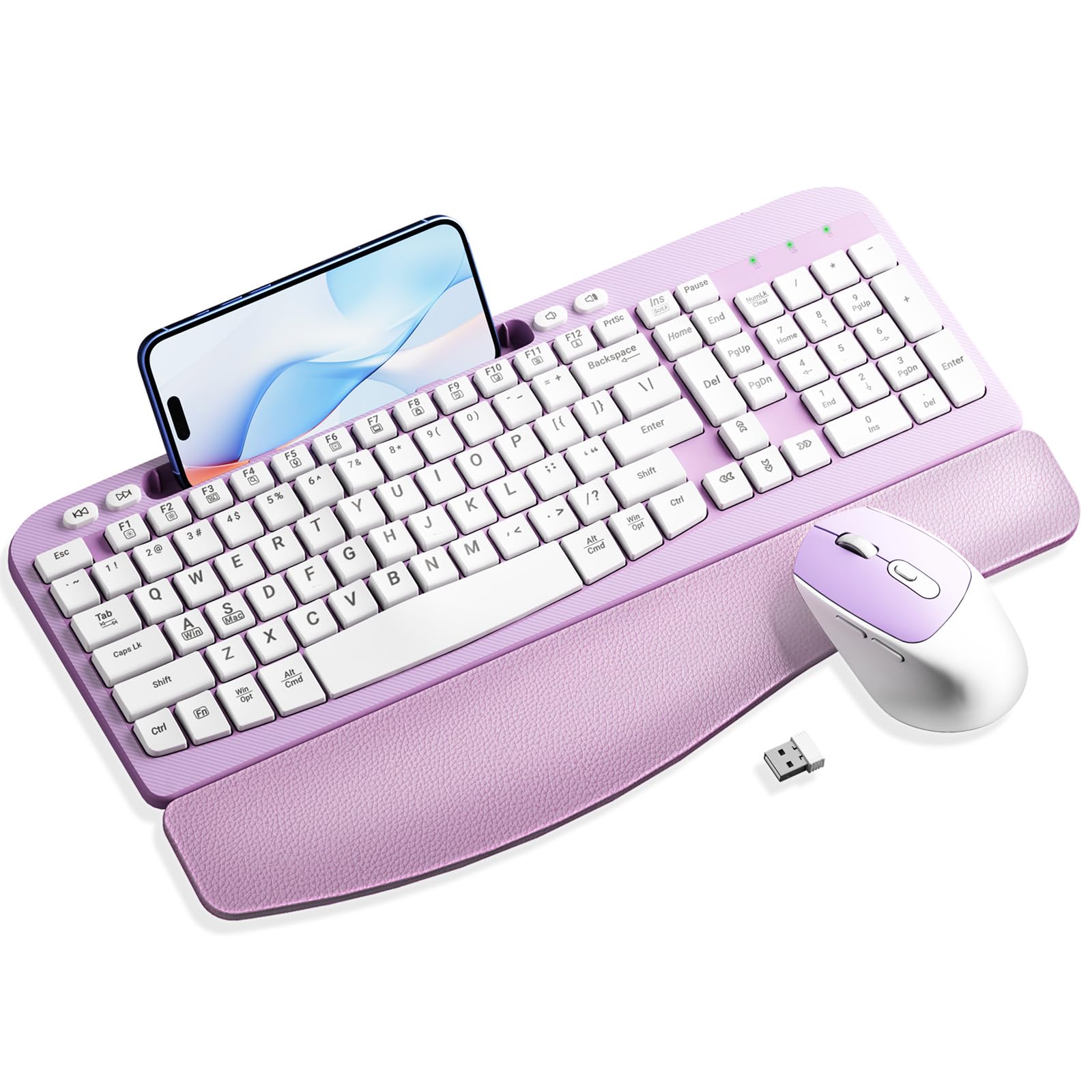 Photo 1 of Wireless Keyboard and Mouse Combo, Wave Keys Computer Ergonomic Keyboard with Cushioned Plam Rest, Phone Holder, 2.4GHz Silent 6 Button Wireless Mouse Set for Laptop, PC, Windows, Mac (Purple)