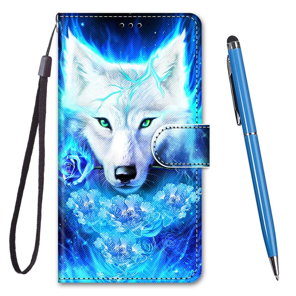 TOUCASA for OPPO A74 4G / F19 Case, Creative Painted Wallet Case PU Leather Flip Magnetic Colourful Kickstand Card Slots Folio Protection Case for OPPO A74 4G / F19 (Blu-Ray Wolf)