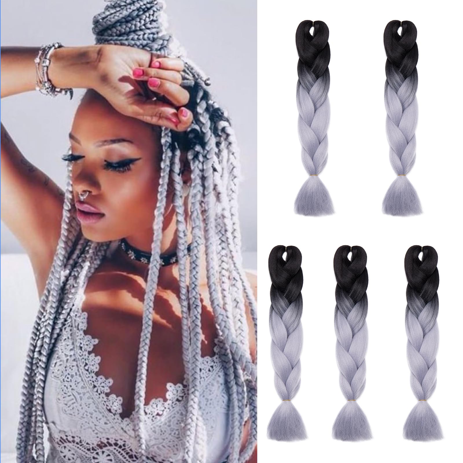 24inch 5PCS Braiding Hair Extensions Jambo Braids Ombre Hair Crochet Twist Braids Hairpieces Synthetic - Black-Grey — image 1
