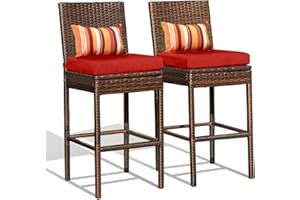 Sundale Outdoor Wicker Bar Stool Set of 2, 30 Inch Seat Height Patio Counter Height Stool with Back Rest, Rattan Woven Tall Chair with Pillow & Red Cushion, High Bar Stool - Steel, Brown