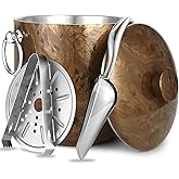 Ice Bucket with Lid, Scoop, Tongs and Strainer - Well Made Insulated Stainless Steel Keep Ice Frozen Longer - Ideal for Cocktail Bar, Parties, Chilling Wine, Champagne - 3 Liter (Teakwood)