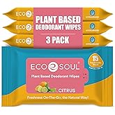 Eco Soul Plant-Based Deodorant Wipes for Women & Men [3 x Pack of 15] Refreshing Citrus Scent | 24 Hour Odor Control for Underarm Sweating, Body, Hands & Feet | Hypoallergenic pH Balanced Travel Pack
