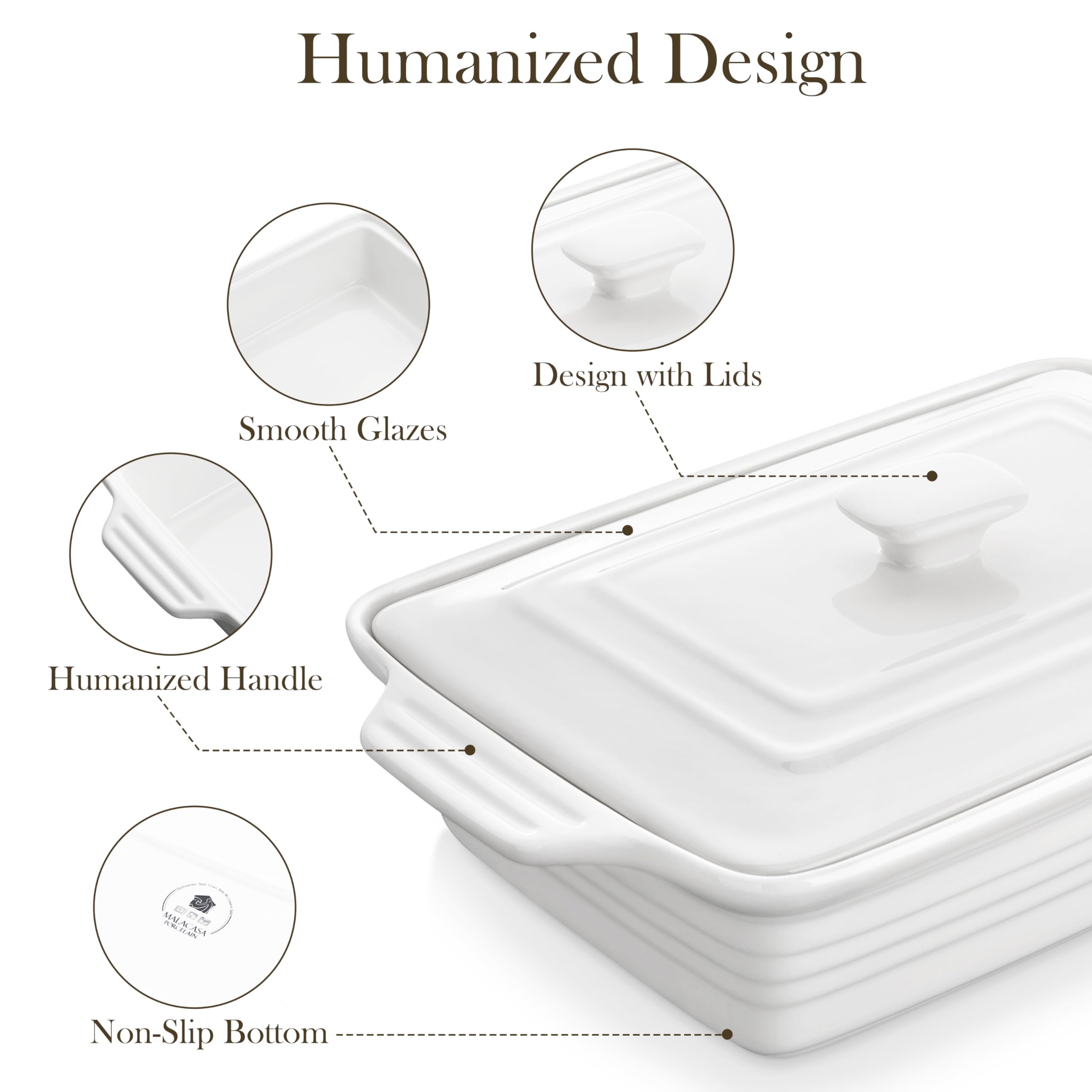 MALACASA Casserole Dish for Oven, 4.4 Qt Porcelain Baking Dish with Lid, 9x13 Baking Pan with Handles, Large Lasagna Pan Deep, Rectangular Bakeware, Microwave Safe, White, Series BAKE