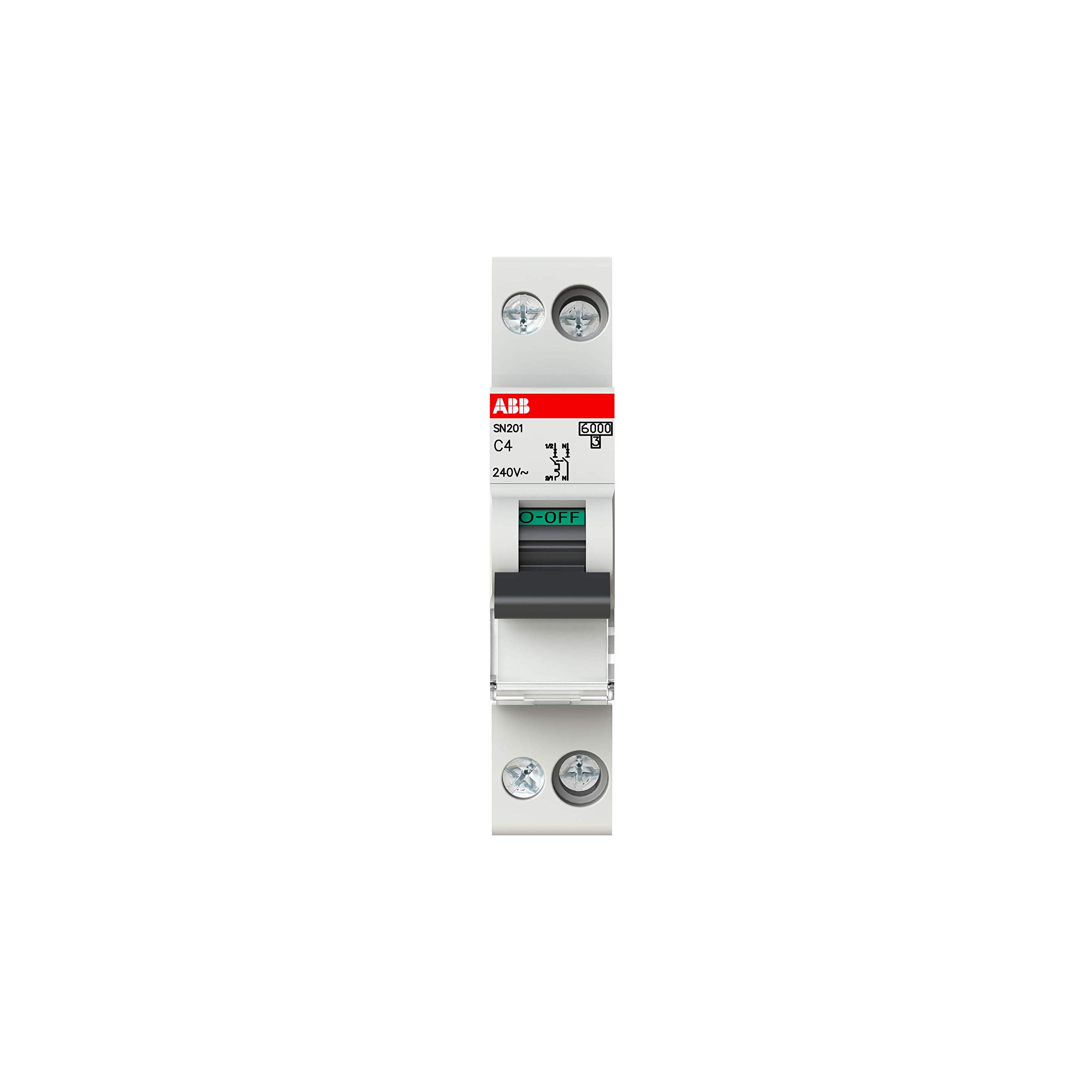 ABB SN201-C4 Miniature Circuit Breaker, 1 Pole+N Pole, Type C, 6kA Breaking Capacity, 4 Amp Current (2CSS255101R0044)
