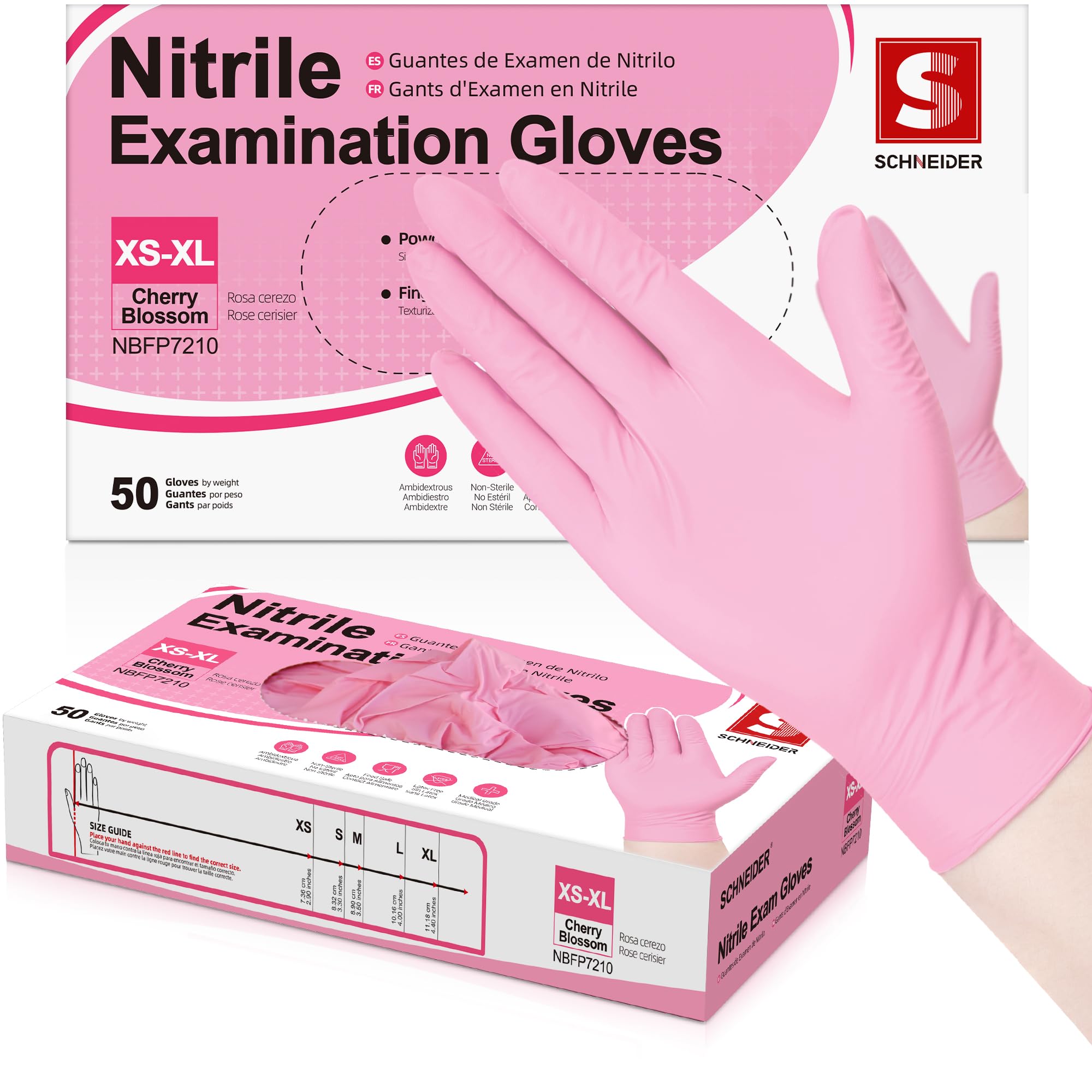 Photo 1 of Schneider Nitrile Exam Gloves, 4-mil Medical Gloves Disposable Latex Free, Powder Free, Food Safe Glove for Cooking, Cleaning, Examination, Cherry Blossom, Large, 50-ct Box