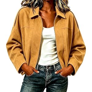 Ooikoifa Faux Suede Jacket Women Drop Shoulder Oversized Zip Up Jackets Collared Coats