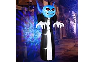 BRDJade 12FT Halloween Inflatables Pumpkin Reaper, Giant Pumpkin Ghost Inflatable Halloween Decorations with Blue Rotating LED Lights Blow Up Yard Decorations for Holiday Party Outdoor Garden Lawn