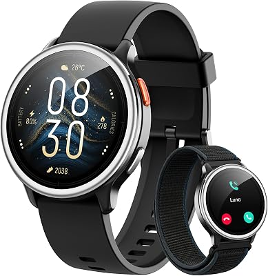 Relógio inteligente feminino, homens, relógio redondo redondo para iPhone/Samsung/Android, 2 correias e modos desportivos 120+, monitor de sono, funções de saúde e fitness, 3ATM, impermeável, preto.