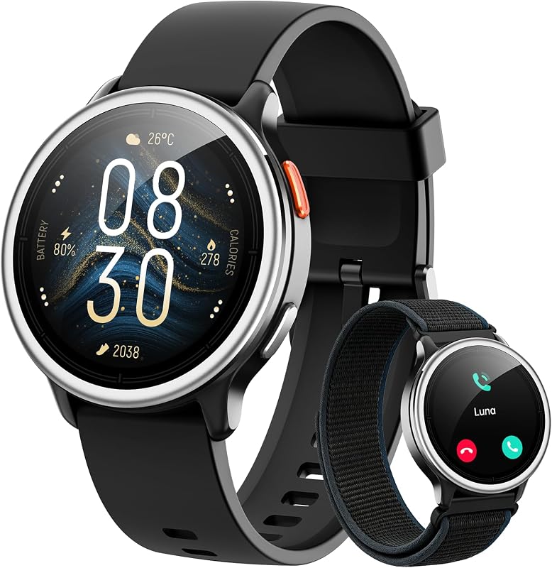 Reloj Inteligente Mujer Hombre,1.27" Smartwatch Mujer Redondo para iPhone/Samsung/Android,2 Correas y 120+ Modos Deportivos,Monitor de Sueño Funciones de Salud y Fitness 3ATM Impermeable,Negro