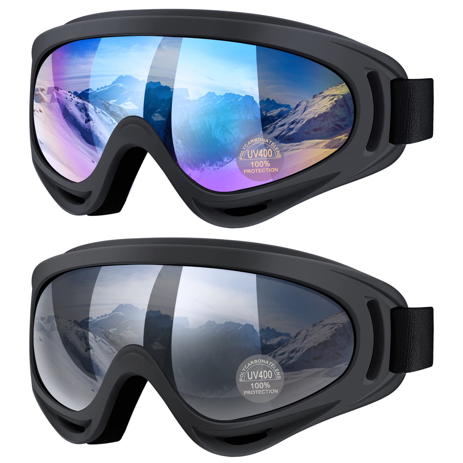 Vatefery Ski Goggles,Skiing Snowboard Goggles for Men & Women kids,Boys & Girls, Youth,Anti-glare,Anti-fog Snowboarding Snow Goggles Glasses 2-Pack, B.Grey&Black