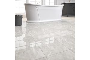 ZRJT 20-Pack Peel and Stick Floor Tiles Vinyl Floor 12 x 12 inch Self Adhesive Waterproof Glossy Flooring Planks DIY for Bathroom, Kitchen, Living Room, RV, Cover 20 Sq. Ft, Polish Light Grey Marble