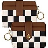 WRIGAEL Slim Wallet for Women Ladies Teen Girls Female Credit Card Holder Cute Aesthetic Unique Modern RFID Checkered Cardholder Keychain, Brown Black White