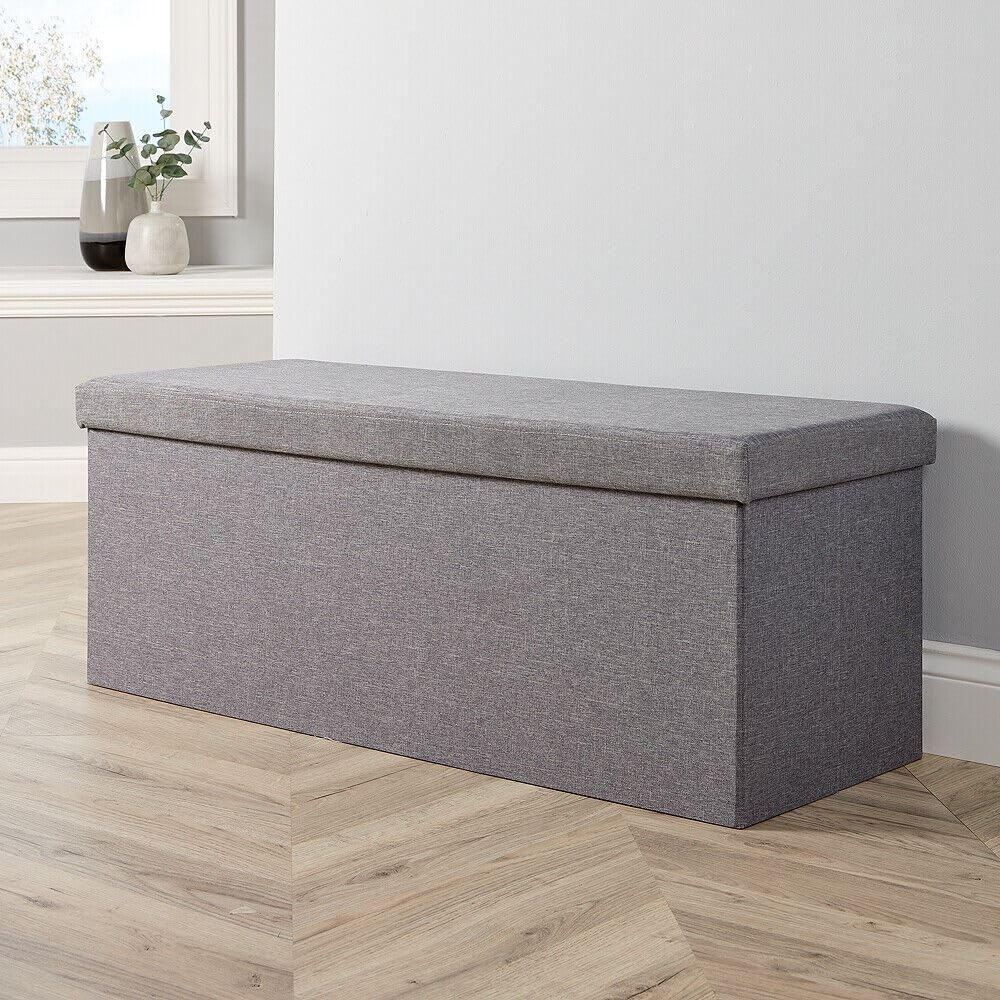 Home Source Extra Large Folding Ottoman Fabric Storage Chest, Grey, 100cm