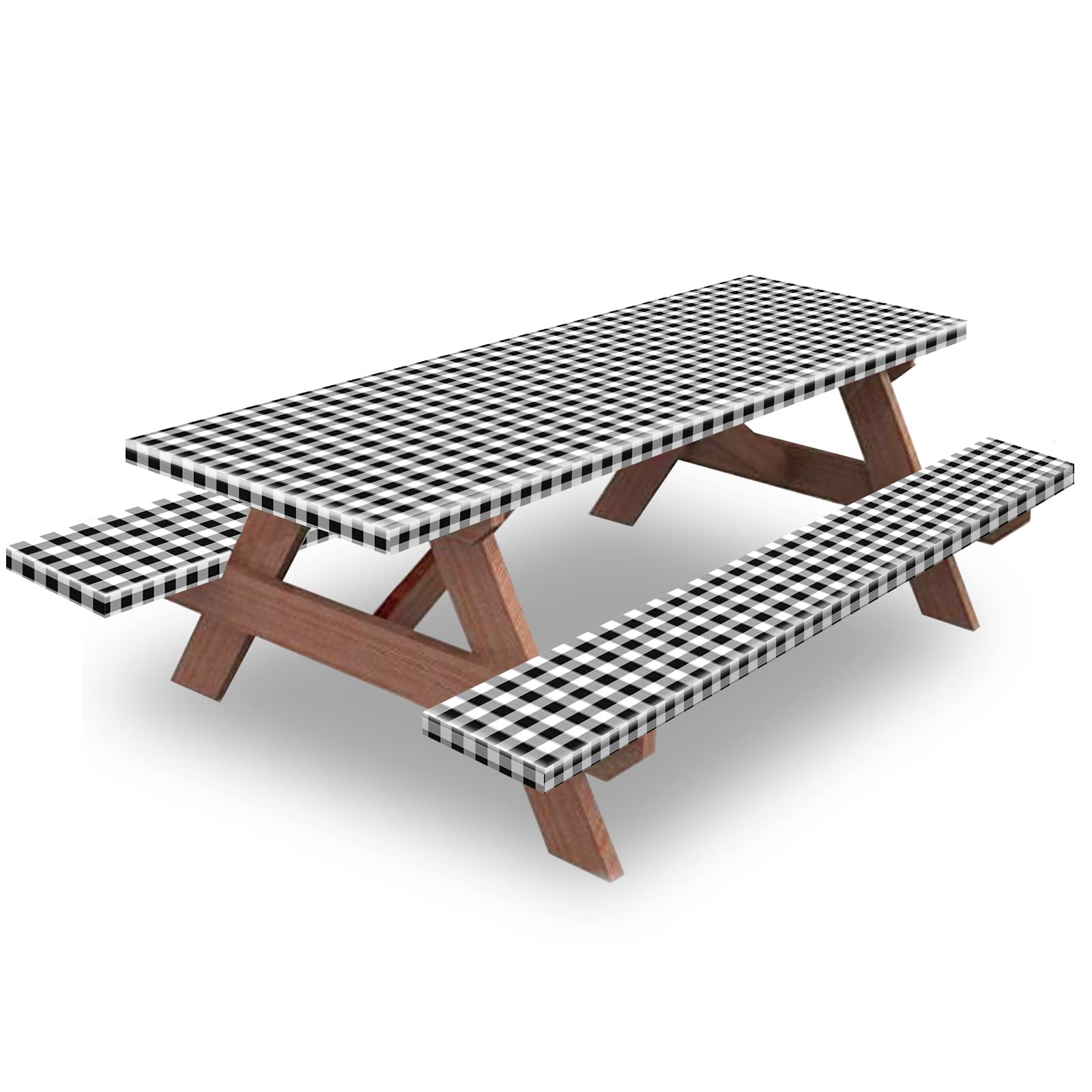 Photo 1 of KENOBEE 8.5ft Picnic Table and Bench Cover, Camping Essentials RV Gear, 102 in Waterproof Windproof Outdoor Elastic All Around Tablecloth, Fitted Rectangle Tables and Seats, Black-White Checkered