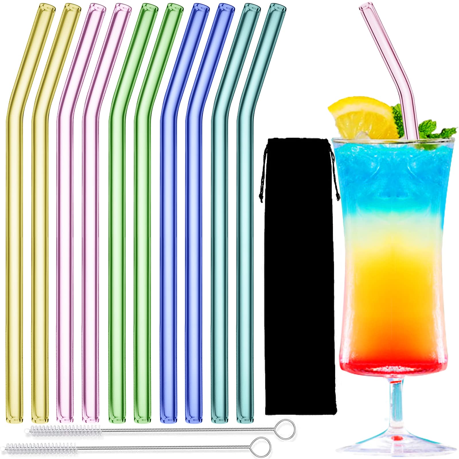 Photo 1 of 10 Pack Reusable colorful Glass Straws, 8" Shatter-Resistant Bent Drinking Straws for Smoothies, Milkshakes, Hot/Cold Drinks, with 2 Cleaning Brushes Dishwasher Safe Fits Tumblers, Tervis, Mason Jars