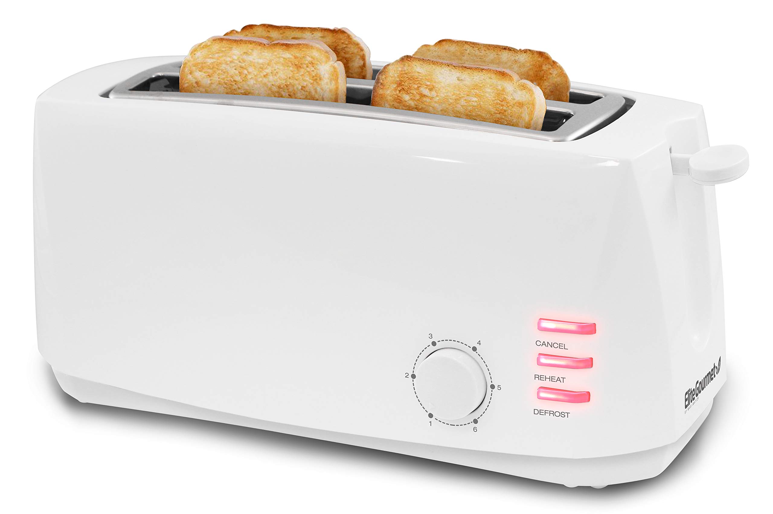 Elite Gourmet ECT-4829 Maxi-Matic 4 Slice Long Toaster 6 Toast Settings, Defrost, Reheat, Cancel Functions, Extra Wide 1.5" Slots for Bagels Waffles, Slide Out Crumb Tray, White