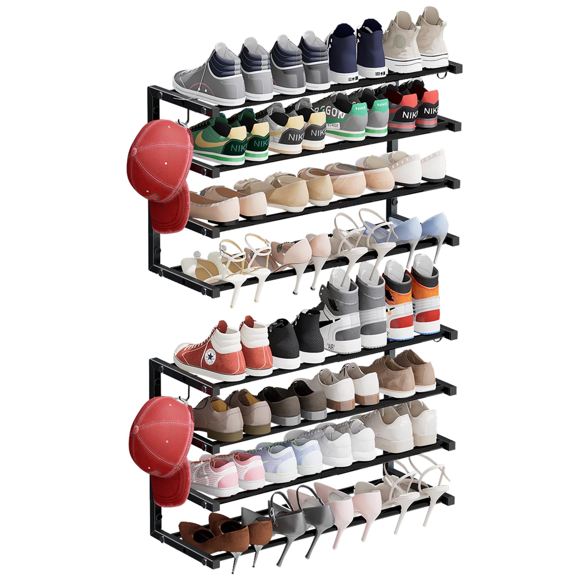 Photo 1 of **********MISSING PARTS*******
2 Pack Wall Mounted Shoe Rack, 4 Tier Hanging Shoe Rack Holds 32 Pairs, 17"-30"Adjustable Heavy Duty Wall Shoe Shelf with 4 Storage Hooks, Space Saving for Closet Entryway, Black, Patent Pending