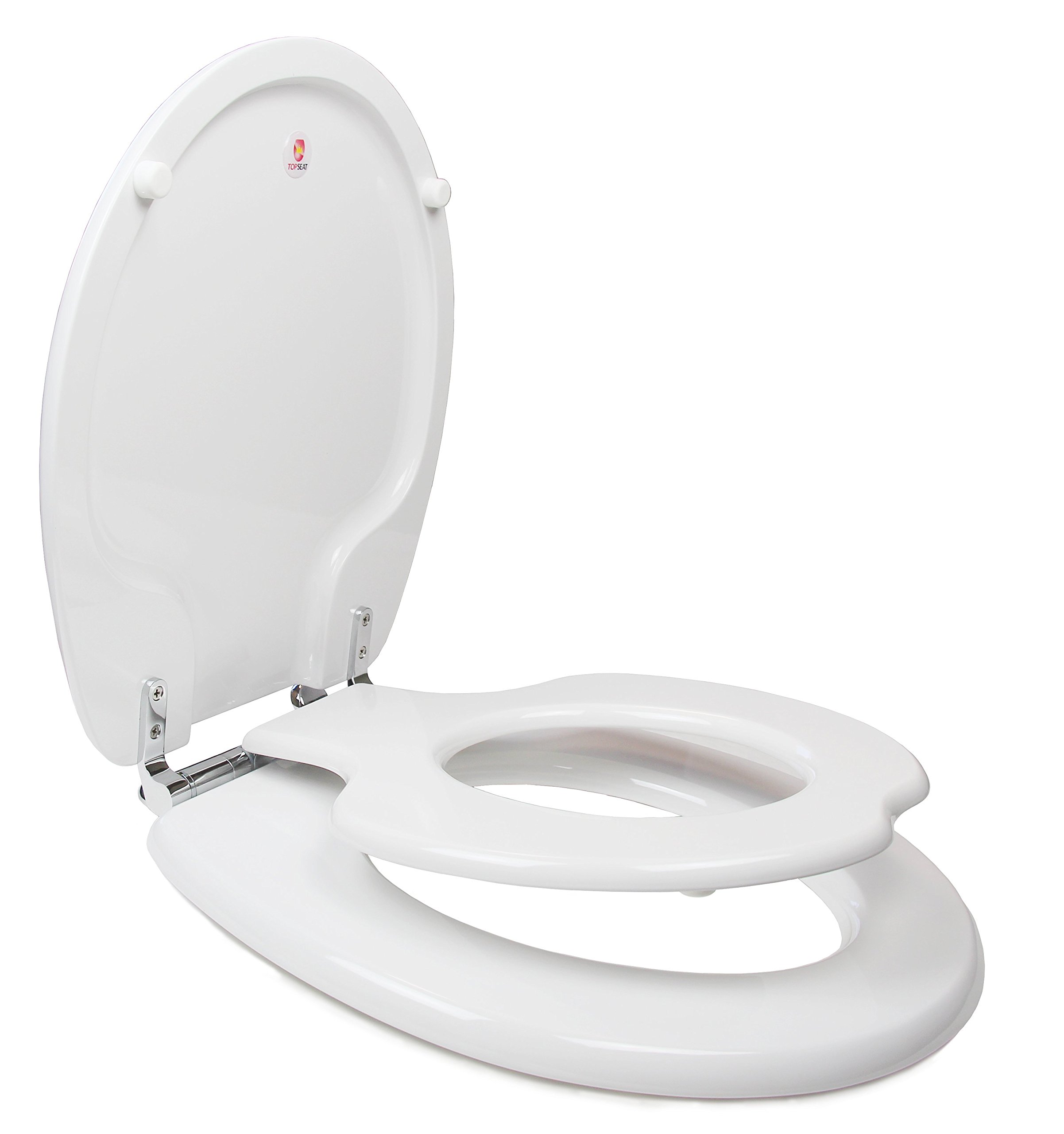 TOPSEAT TinyHiney Potty Round Toilet Seat, Adult/Child, w/Slow Close Chromed Metal Hinges, Wood, White