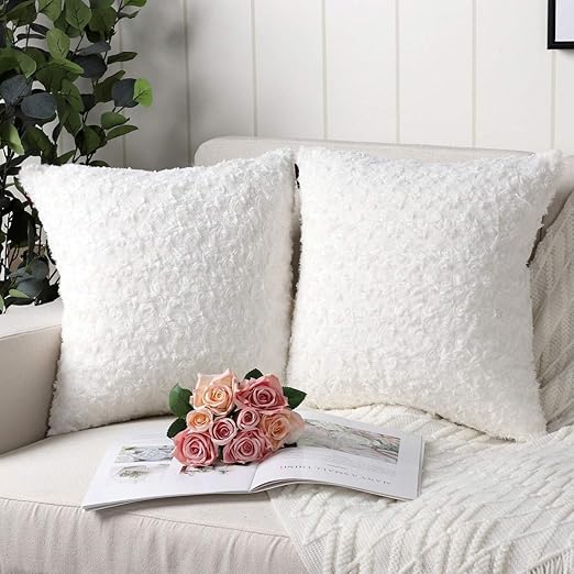 Fuzzy White Rose Pillow Covers