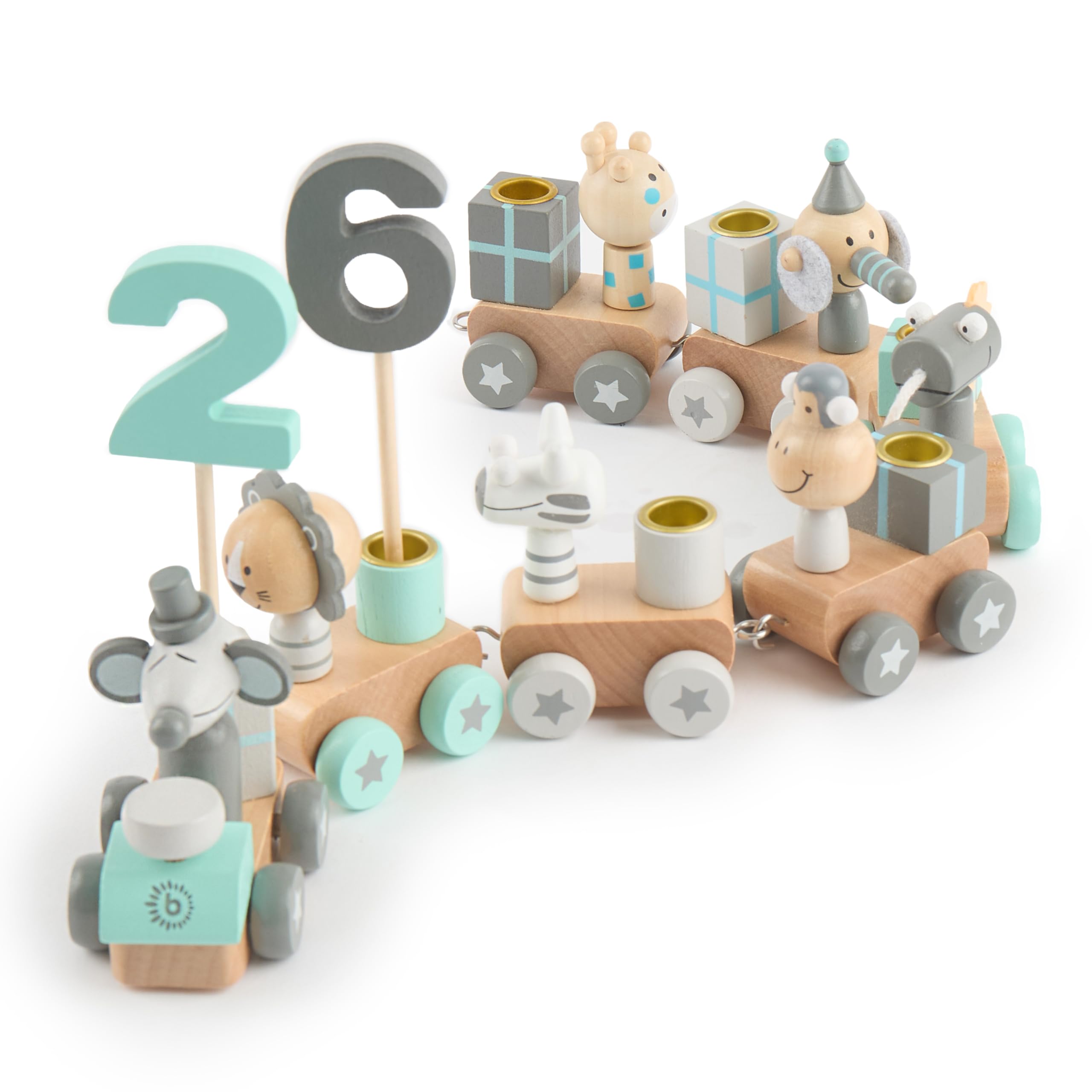 Bieco Scandi-Look Wooden Number Train - 0-99 Years - 31 Pieces - Approx. 48 cm Long - Includes Candle Holders - Enhances Children's Numeracy Skills — image 1