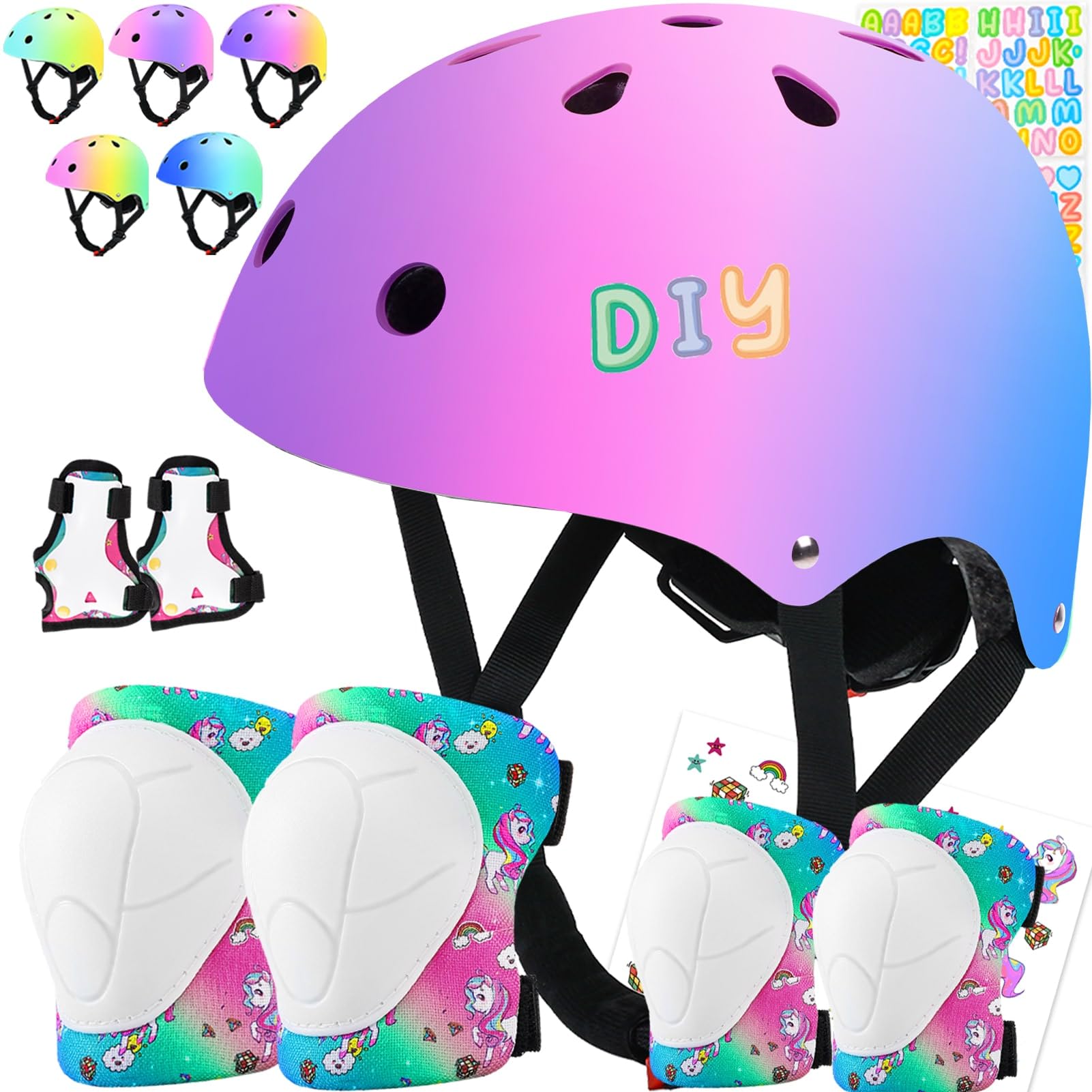 Photo 1 of **HELMET ONLY** Comforhous Color Gradient Kids Bike Helmet and Pads Adjustable Helmet for Kids Protective Gear Set with Elbow Knee Pads Wrist Guards for Cycling Bicycle